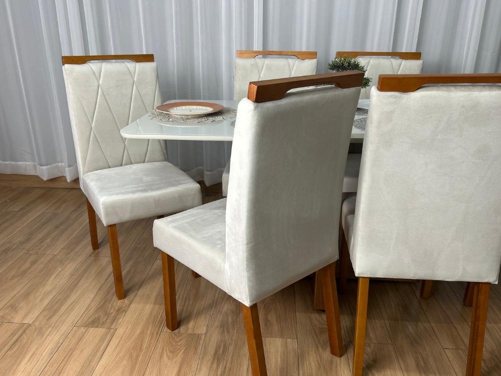 Mesa de Jantar Bali 1.60×0.80 Com 6 Cadeiras Isa – Cinamomo/Off White/Bege Veludo - Imagem 4