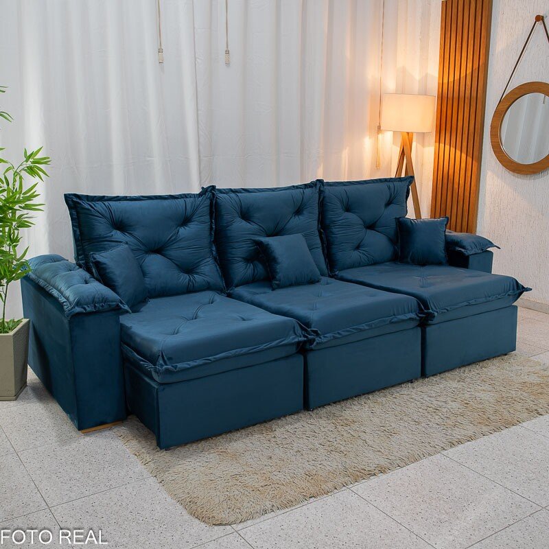 Sofá Retrátil Reclinável Porto Madri 2.70m Veludo Azul - D28 Pró Aditivada