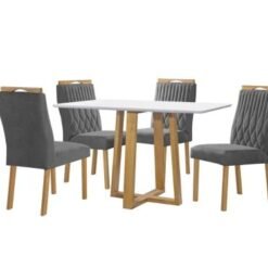 Mesa de Jantar Pedro 1.20x0.80 Com 4 Cadeiras Genova  - Cinamomo/Off White/Cinza