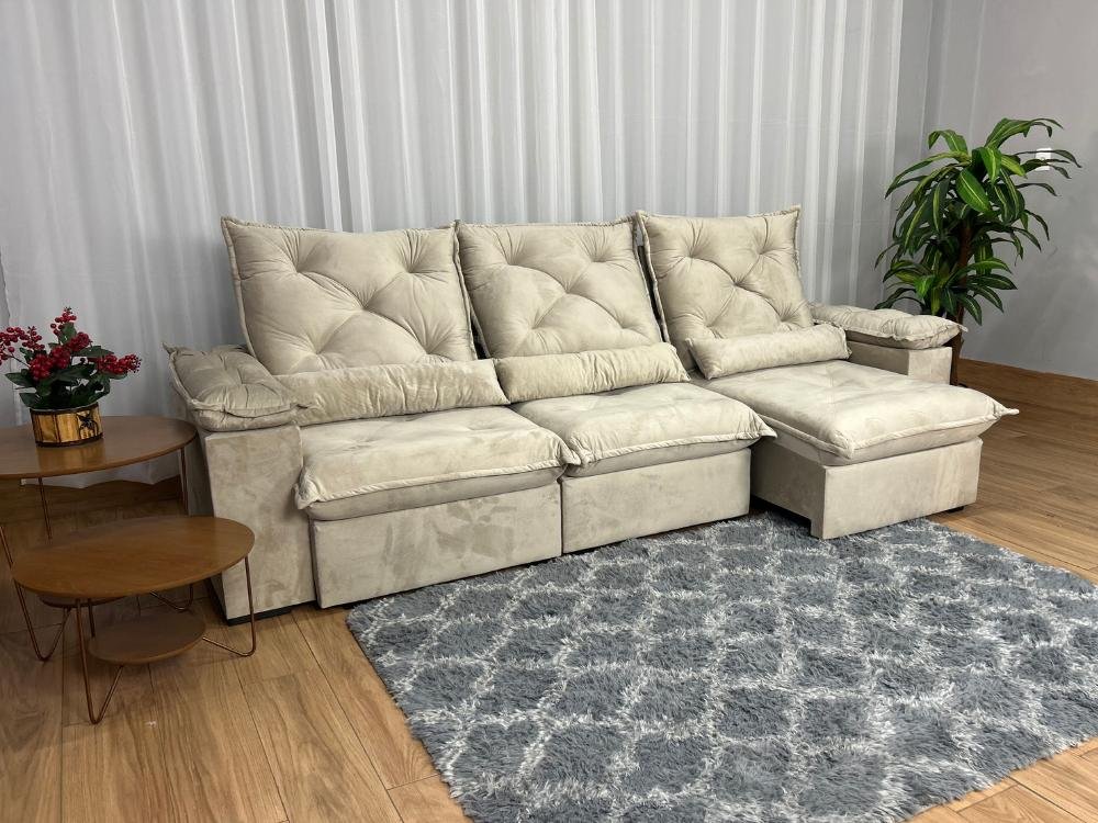 Sofá Retrátil Reclinável Porto Madeiro 2.70m- Bege Veludo - Imagem 3