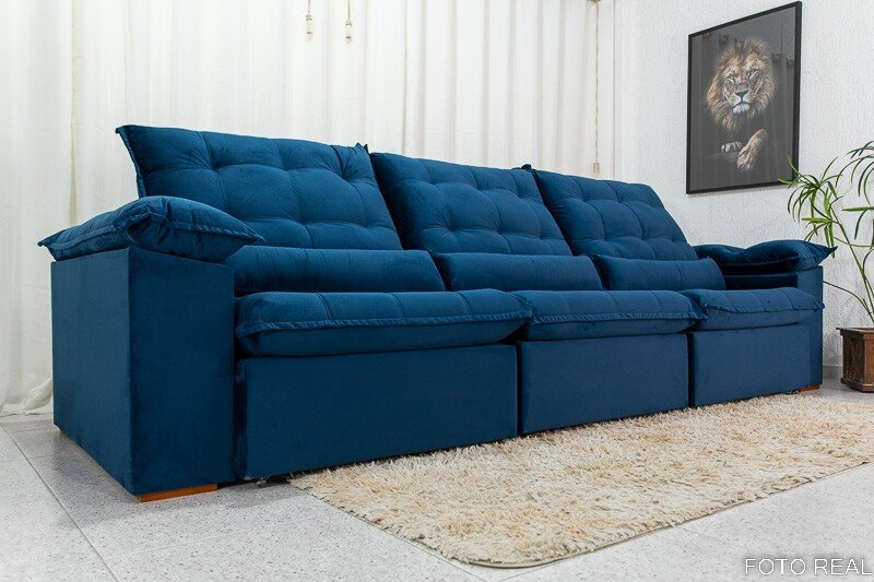 Sofá Retrátil Reclinável Emanuelly 3.20m Veludo Azul 03 - D28 Soft - Imagem 6