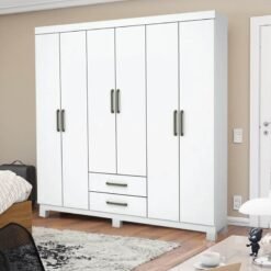 Roupeiro Solteiro Áries Branco 6 Portas 2 Gavetas C/Pés Larg. 1.53m - Carioca