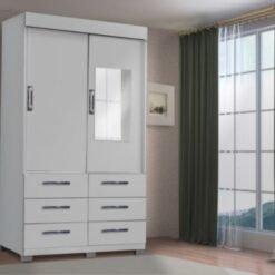 Guarda-Roupa Buzios 2 portas de correr com espelho 6 gavetas - Branco