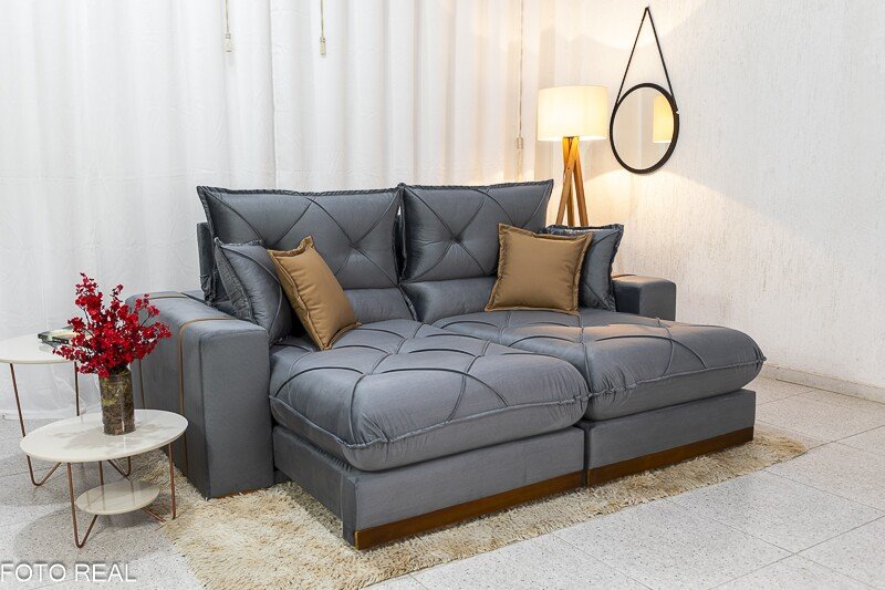 Sofá Retrátil Reclinável Gran Bello 2.30m Veludo Cinza 20 - Molas Ensacadas Pocket