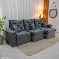 Sofá Retrátil Reclinável Porto Madri 2.70m Veludo Cinza - D28 Pró Aditivada