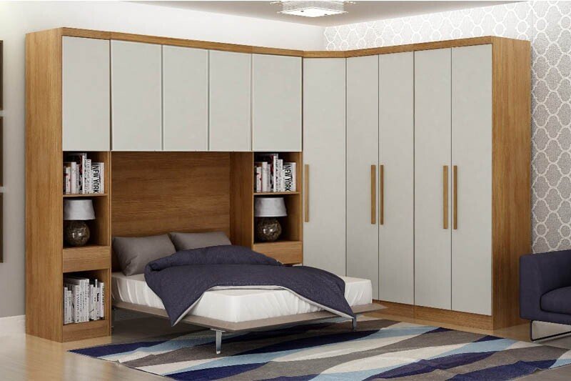 Modulado Cumaru/Fendi Fosco 1 Roupeiro Moderni 4 Pts + 2 Criado Rizon + 1 Canto Oblíquo Rizon + 1 Aéreo 3 portas Rizon - Novo Horizonte