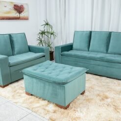 Sofá 3 e 2 lugares França com Puff Veludo Verde A40 Larg. 1.86m
