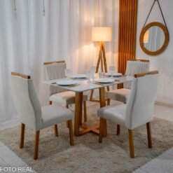 Mesa Pedro Mel Vidro OFF 120×80 4 Cadeiras Genova Veludo Bege 512 Madeira Maciça Art Assento - Entregue Montada