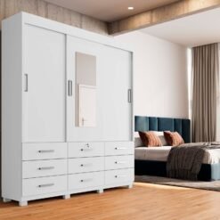 Guarda-Roupa Itapema II 3 portas de correr com espelho 9 gavetas - Branco