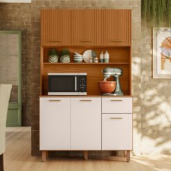 Armário de Cozinha Kit Lívia 1,10m -  Freijó Ripado/ Off White