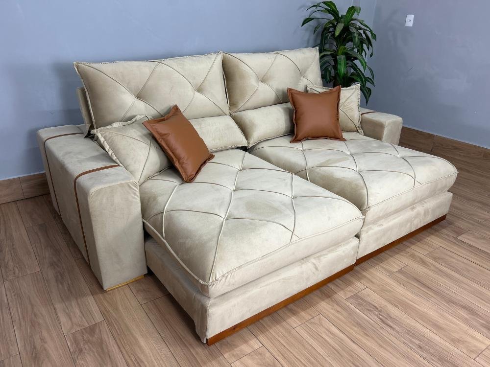 Sofá Retrátil e Reclinável Gran Bello 2.50m - Bege Veludo