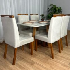 Mesa de Jantar Bali 1.60×0.80 Com 6 Cadeiras Isa – Cinamomo/Off White/Bege Veludo