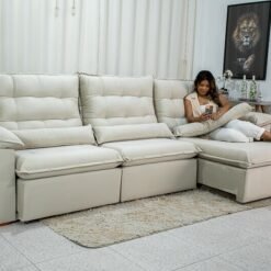 Sofá Retrátil Reclinável Emanuelly 3.20m Veludo Bege 01 - D28 Soft
