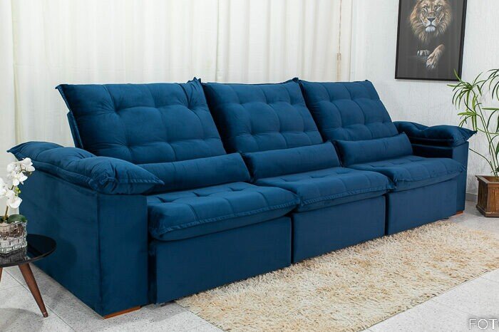 Sofá Retrátil Reclinável Emanuelly 3.20m Veludo Azul 03 - D28 Soft - Imagem 4