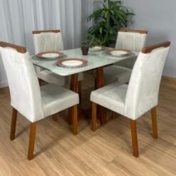 Mesa de Jantar Bali 1.20x0.80 Com 4 Cadeiras Isa - Cinamomo/Off White/Bege Veludo