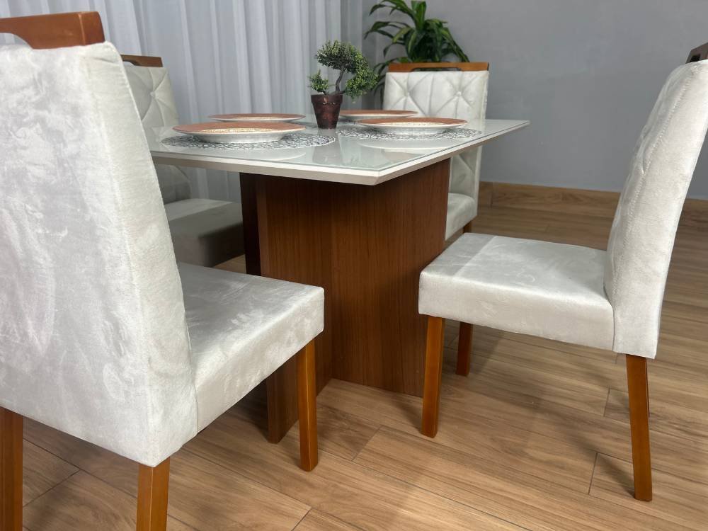 Mesa de Jantar Helo 1.20x0.90 Com 4 Cadeiras Jasmim - Mel/Off White/Bege Veludo - Imagem 9