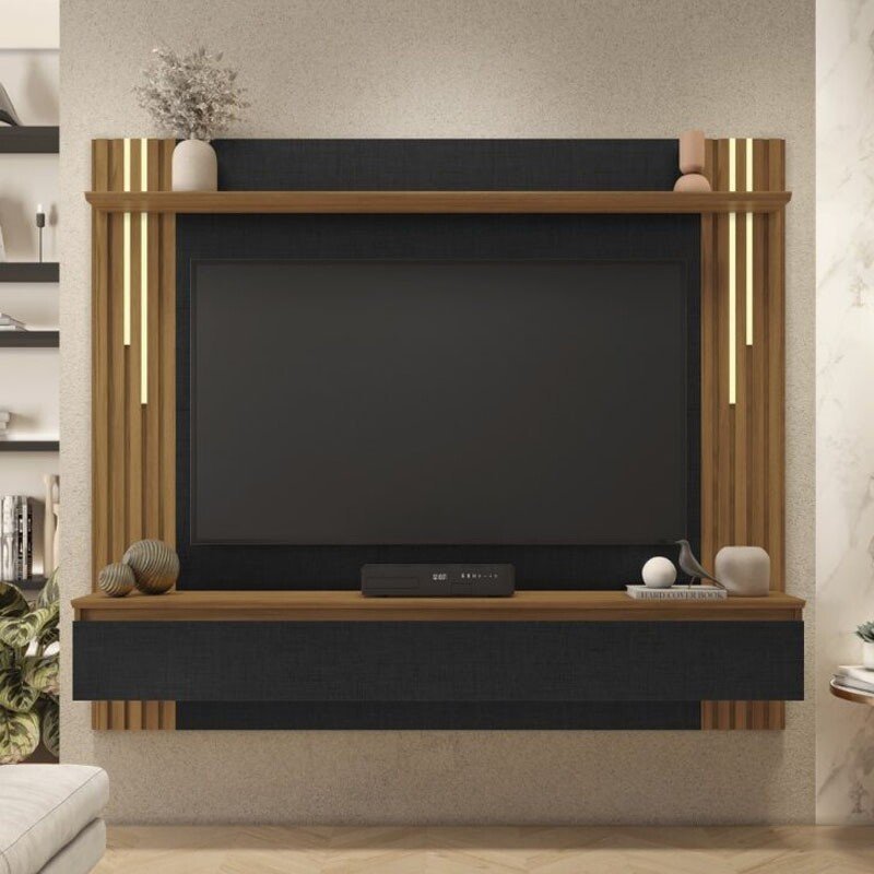 Painel NT 1345 Larg. 1.80m Preto/Freijó Ripado C/ Led para TV até 65" - Notável