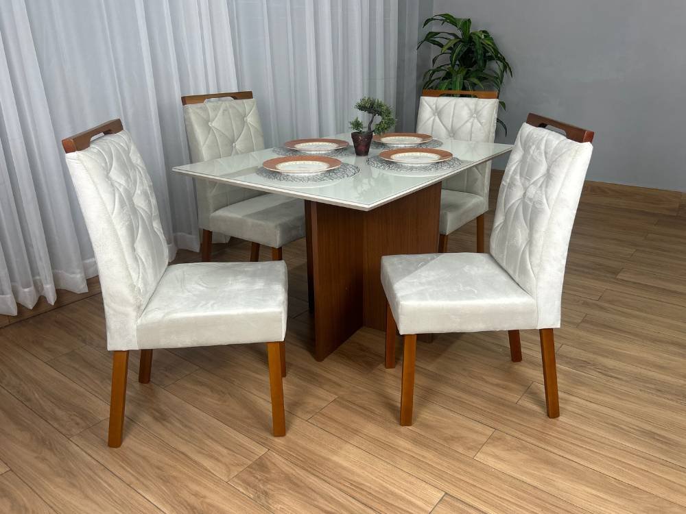 Mesa de Jantar Helo 1.20x0.90 Com 4 Cadeiras Jasmim - Mel/Off White/Bege Veludo - Imagem 8