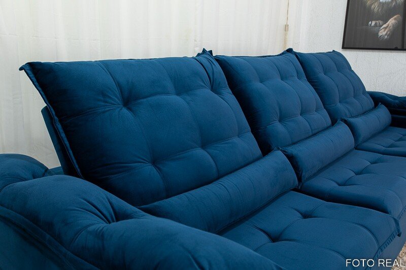 Sofá Retrátil Reclinável Emanuelly 3.20m Veludo Azul 03 - D28 Soft - Imagem 7