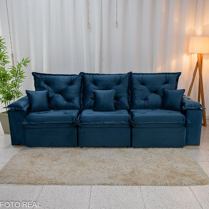 Sofá Retrátil Reclinável Porto Madri 2.70m Veludo Azul - D28 Pró Aditivada - Imagem 6