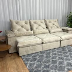 Sofá Retrátil Reclinável Porto Madeiro 2.70m- Bege Veludo