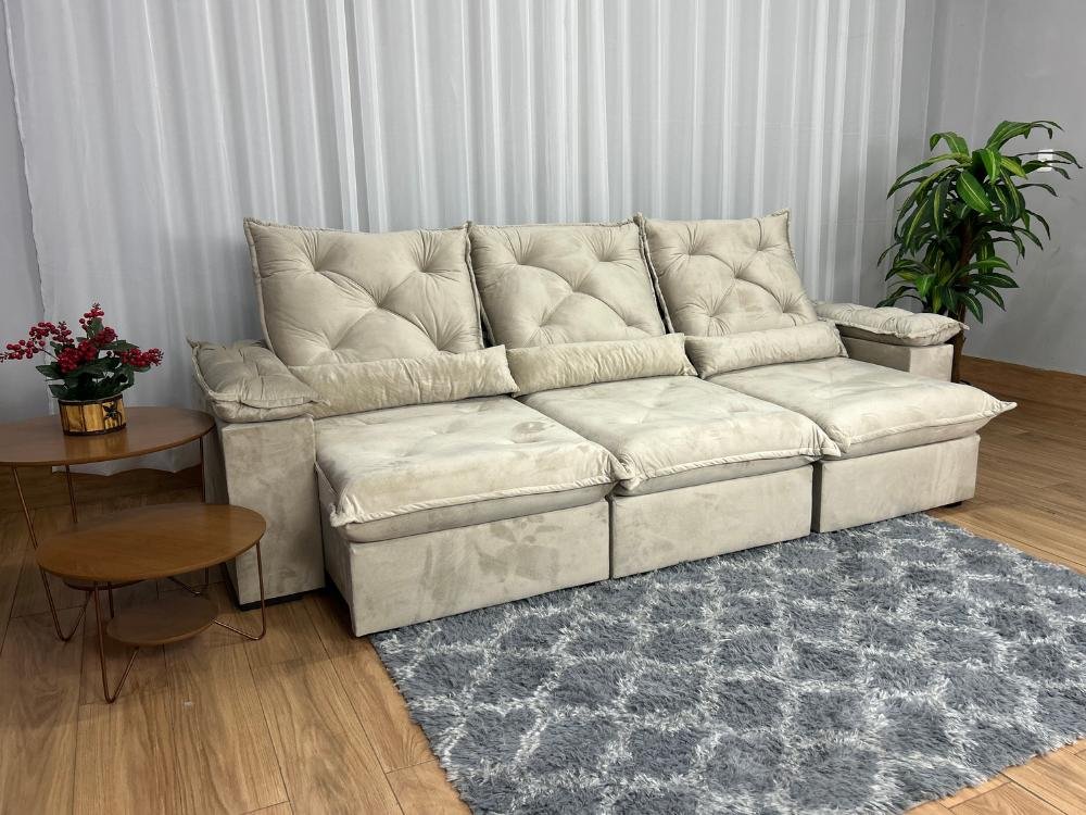 Sofá Retrátil Reclinável Porto Madeiro 2.70m- Bege Veludo