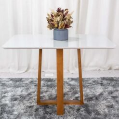 Mesa de Jantar Pedro 120x80 Vidro Off/Base Madeira Art Assento - Entregue Montada