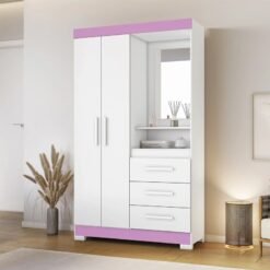 Roupeiro Solteiro NT 6020 Branco/Rosa 2 portas 3 Gavetas Flex C/Pés Larg. 1.08m - Notável