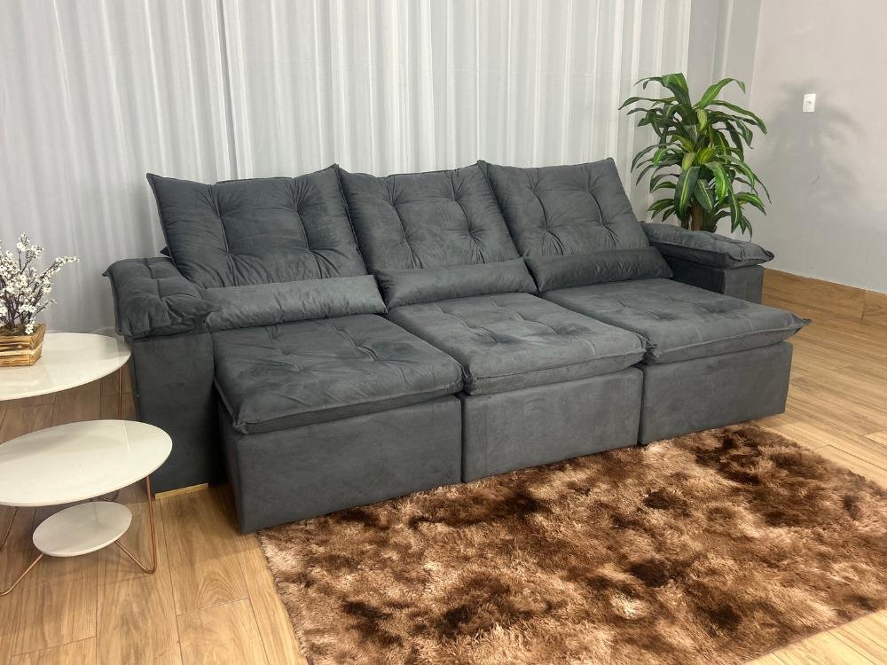Sofá Retrátil Reclinável Atenas 2.70m - Cinza Veludo