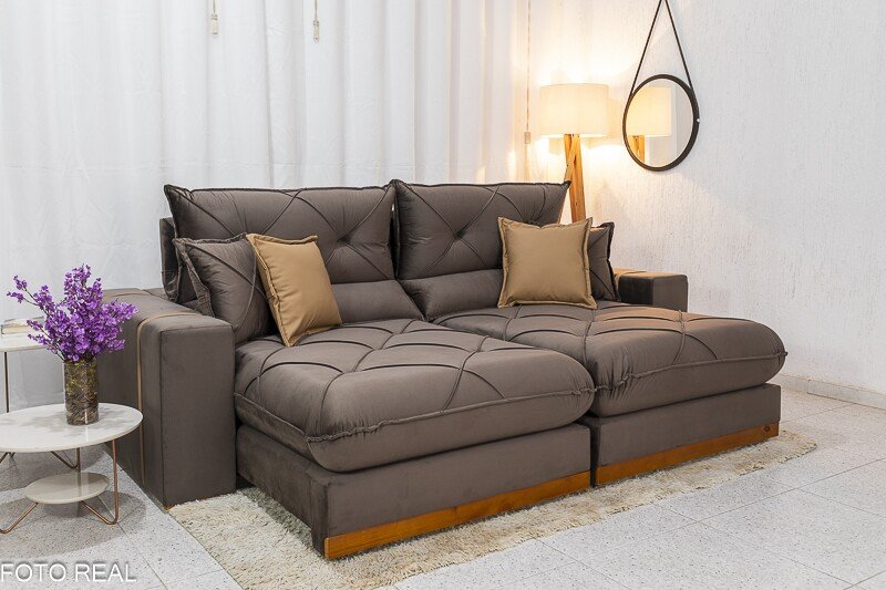 Sofá Retrátil Reclinável Gran Bello 2.50m Veludo Marrom 19 - Molas Ensacadas Pocket