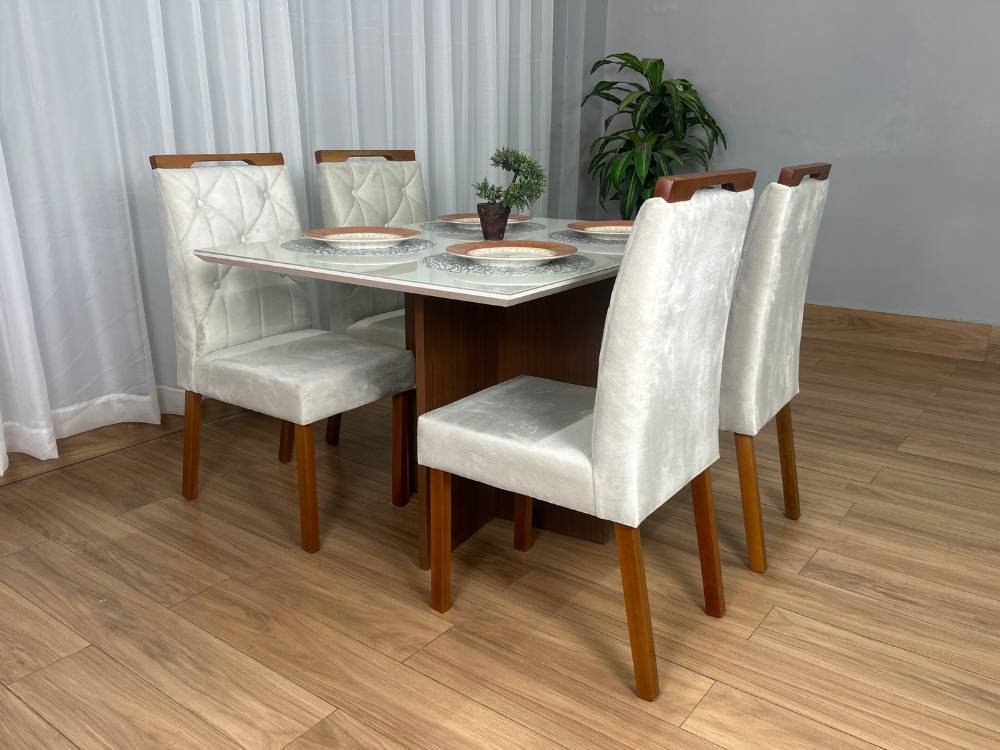 Mesa de Jantar Helo 1.20x0.90 Com 4 Cadeiras Jasmim - Mel/Off White/Bege Veludo - Imagem 3