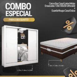Roupeiro Dubai C/Espelho 3 Pts. 3 Gav. Branco Larg. 1.79m Carioca + Cama Box Casal Livina Molas Ensacadas 138x188x58 Orthoside