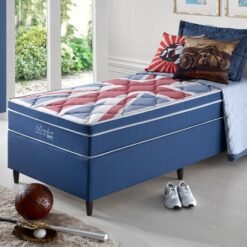 Box Azul + Colchão Solteiro London Molas Superlastic 88x188x68 - Anjos