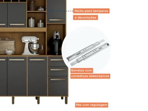 Armário Kit de Cozinha Petra 11 portas - Cinamomo/Grafite - Imagem 4