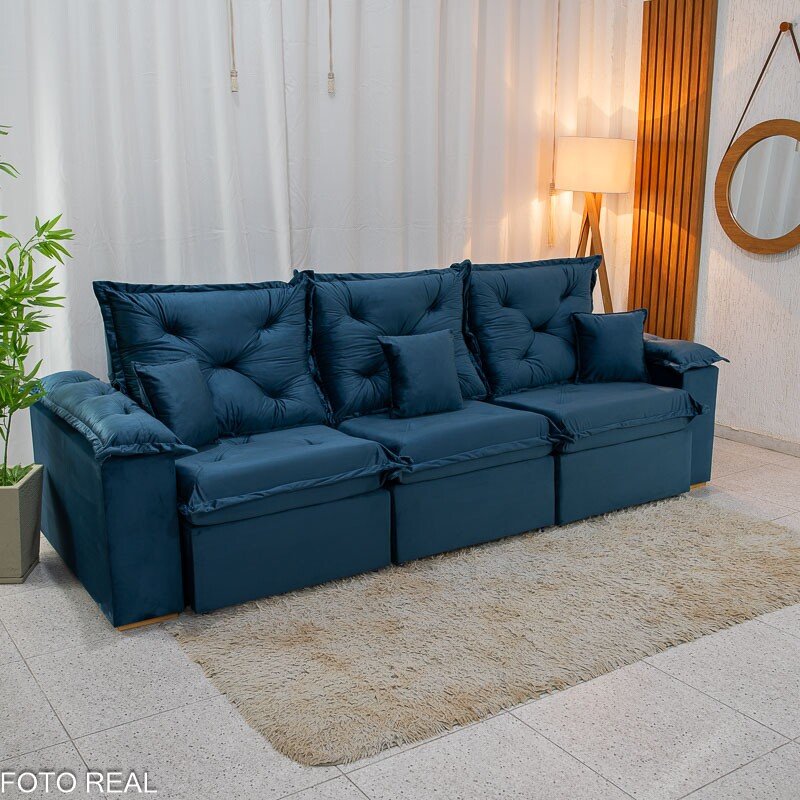 Sofá Retrátil Reclinável Porto Madri 2.70m Veludo Azul - D28 Pró Aditivada - Imagem 3