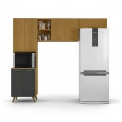 Armário Cozinha Olinda Freijó/Grafite Paneleiro + Aéreo 1.05m + Aéreo de Geladeira Ripado 3D - Poliman