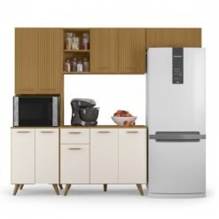 Armário Cozinha Olinda Freijó/Off  Paneleiro + Aéreo 1.05m + Balcão e  Aéreo de Geladeira Ripado 3D  Larg. 2.33m - Poliman