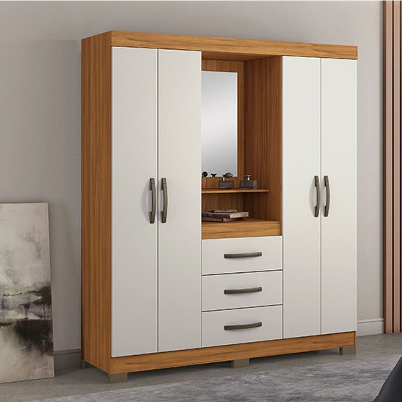 Roupeiro Solteiro NT 5015 Freijó/Off 4 portas 3 Gavetas C/Pés Larg. 1.61m - Notável