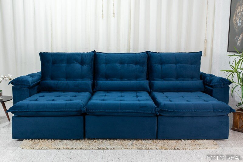 Sofá Retrátil Reclinável Emanuelly 3.20m Veludo Azul 03 - D28 Soft - Imagem 5