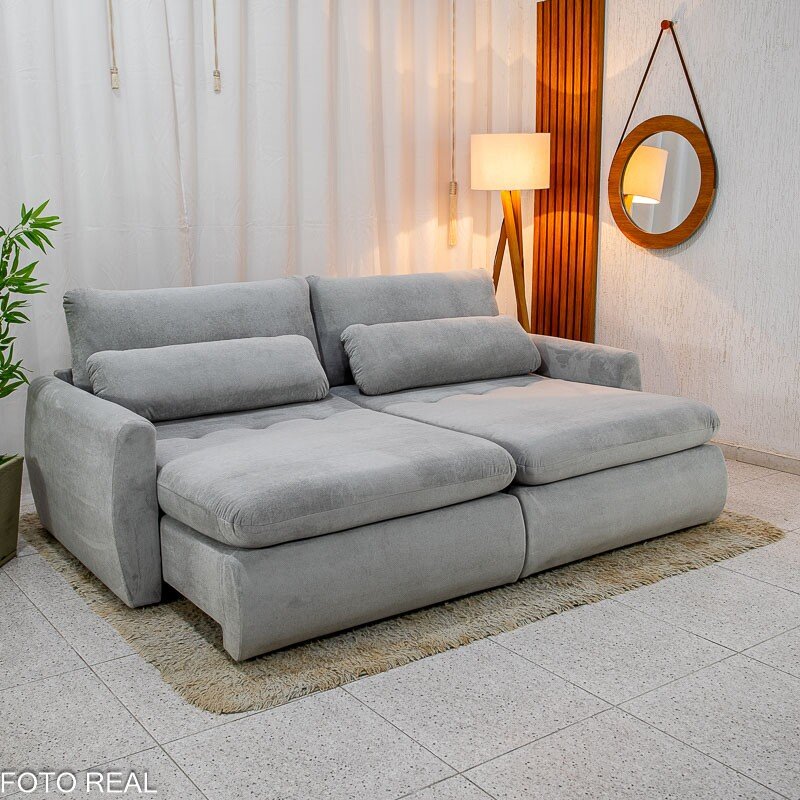 Sofá Retrátil Amaranto Premium 2.30m Veludo Plush Prata - Sem Caixa