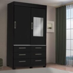 Guarda-Roupa Buzios 2 portas de correr com espelho 6 gavetas - Preto