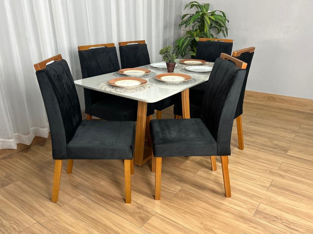 Mesa de Jantar Bali 1.60×0.80 Com 6 Cadeiras Isa – Cinamomo/Off White/Preto Veludo - Imagem 5