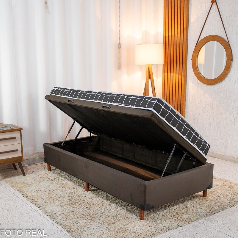 Box Baú Solteiro Carioca Sued Marrom Blindado Bioflex + Colchão Solteiro Soffie Lotus 88x188x54 D20 - Nosso Sonho