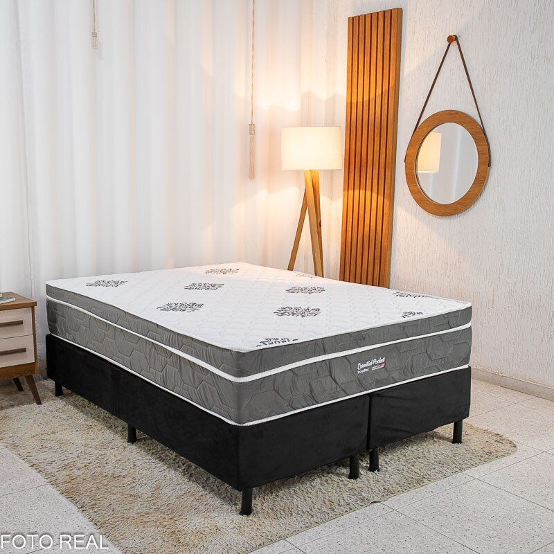Box Casal Bipartida Sued Preto Nosso Sonho + Colchão Casal Essential Pocket Molas Ensacadas 138x188x68 - Inovaflex | Suporta até 240kg