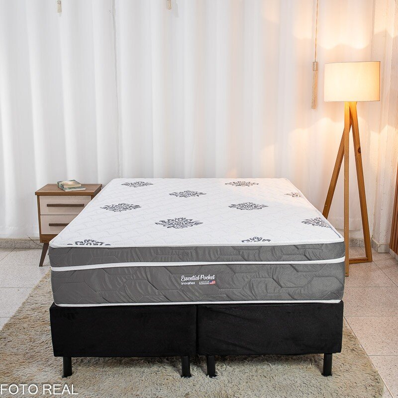 Box Casal Bipartida Sued Preto Nosso Sonho + Colchão Casal Essential Pocket Molas Ensacadas 138x188x68 - Inovaflex | Suporta até 240kg - Imagem 2