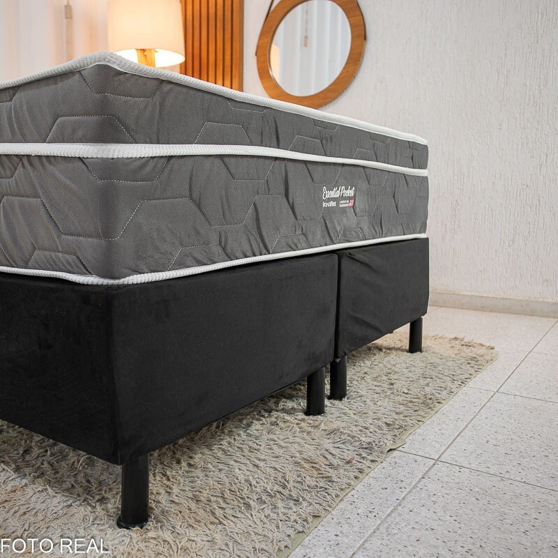 Box Casal Bipartida Sued Preto Nosso Sonho + Colchão Casal Essential Pocket Molas Ensacadas 138x188x68 - Inovaflex | Suporta até 240kg - Imagem 3