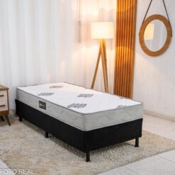 Box Solt. Sued Preto Nosso Sonho + Colchão Solteiro Confort Premium 88x188x55 D28 - Inovaflex