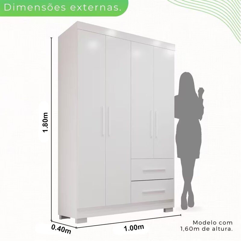 Guarda-Roupa Solteiro 4 portas Estrela Larg. 1.00m Branco Com Pés Sallêto - Imagem 3
