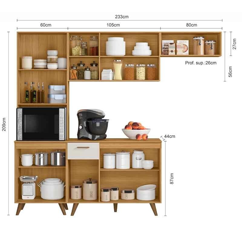 Armário Cozinha Olinda Freijó/Off Paneleiro + Aéreo 1.05m + Balcão e Aéreo de Geladeira Ripado 3D Larg. 2.33m - Poliman - Imagem 2