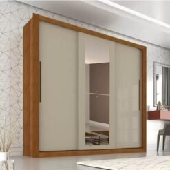 Roupeiro Casal New Panamá Cinamomo/Off 3 Portas 4 Gavetas C/ 1 Espelho Larg. 1.85m - Sallêto